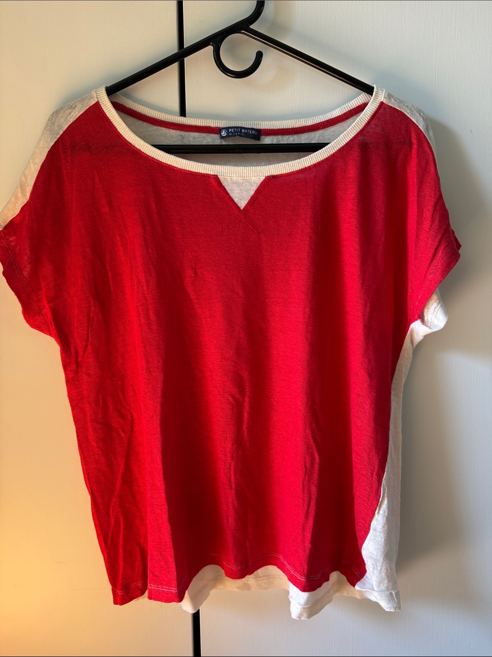 Petit Bateau Red and White Raglan Short Sleeve Top in linen